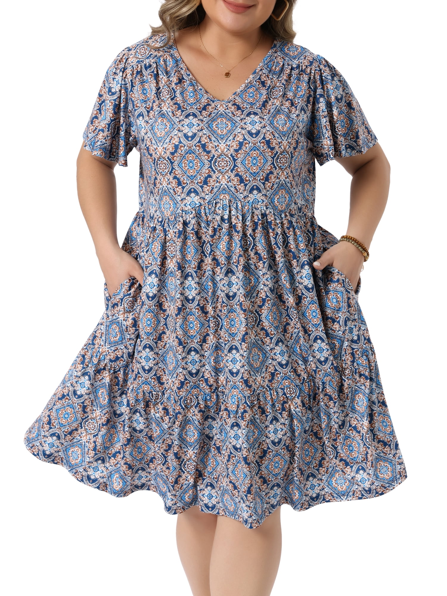 DARING DIVA Women's Plus V Neck Short Flutter Sleeve Midi Sun Dress 2X Blue