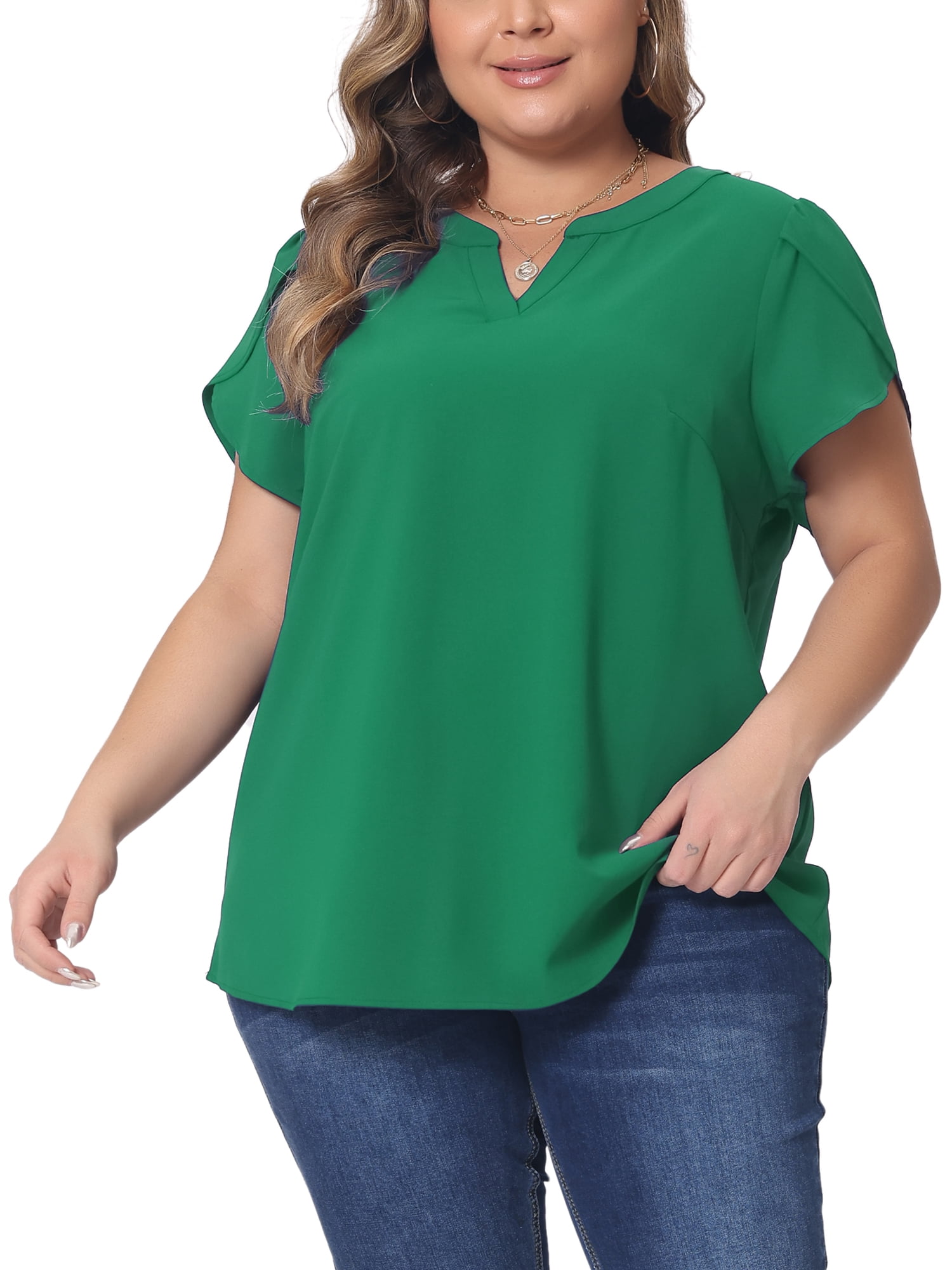 Women's Plus Blouses Notched V Neck Short Petal Sleeve Shirts Casual Dressy Tops 1X Dark Green