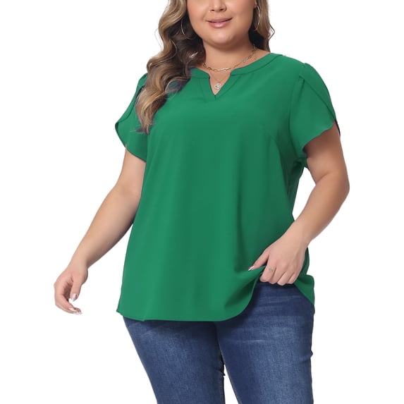 Women's Plus Blouses Notched V Neck Short Petal Sleeve Shirts Casual Dressy Tops 1X Dark Green