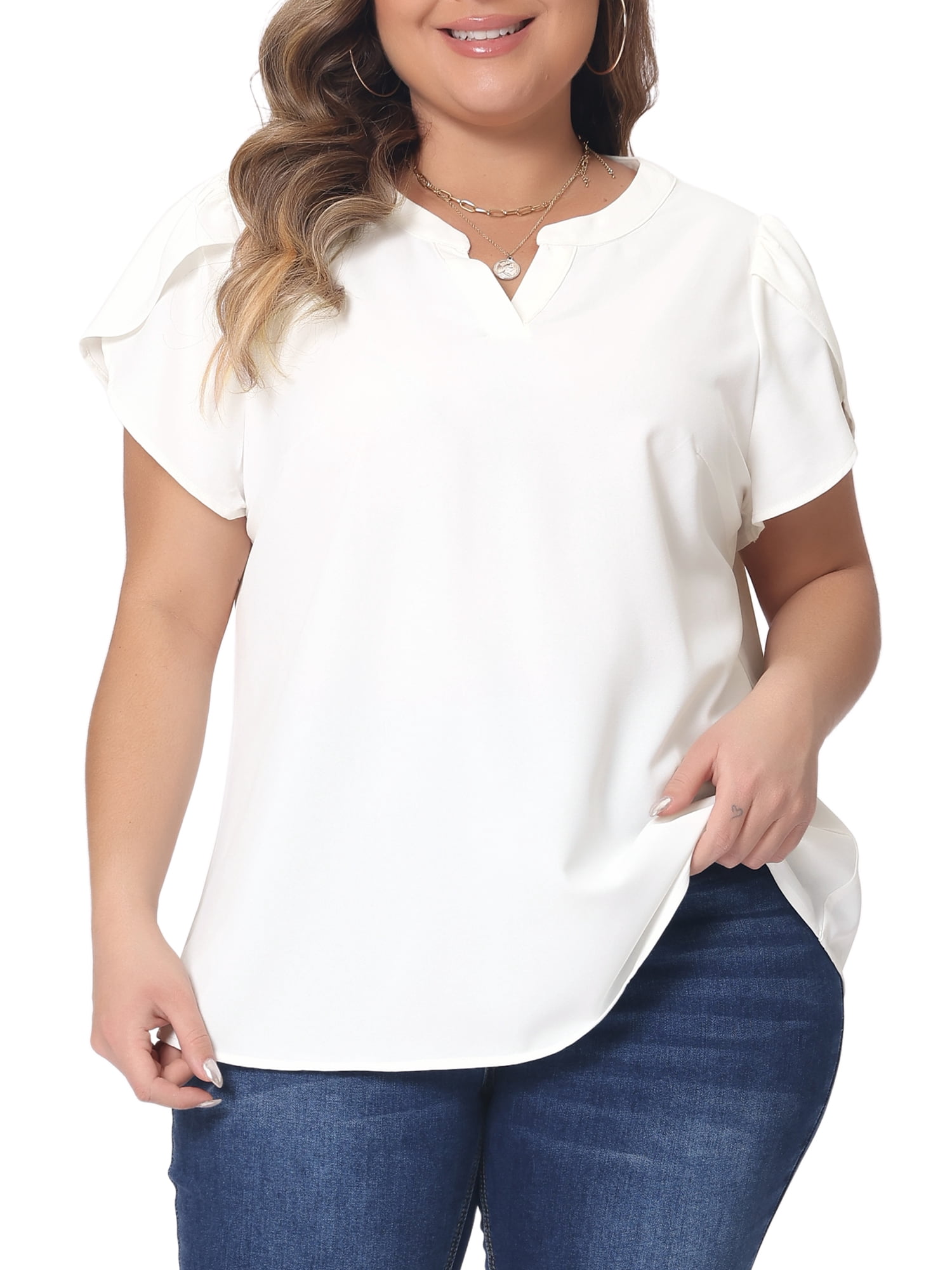 Women's Plus Blouses Notched V Neck Short Petal Sleeve Shirts Casual Dressy Tops 2X White