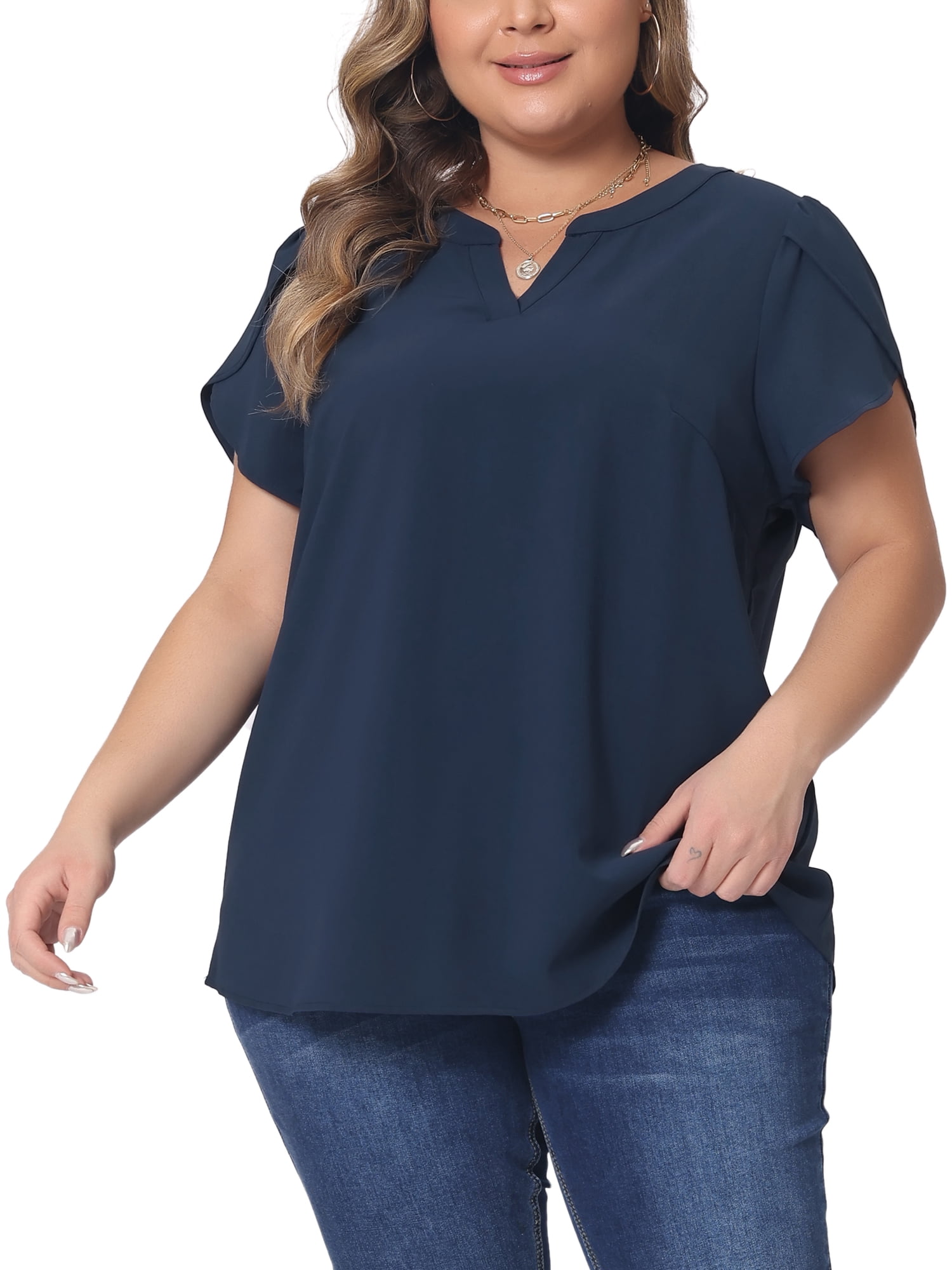 Women's Plus Blouses Notched V Neck Short Petal Sleeve Shirts Casual Dressy Tops 3X Dark Blue