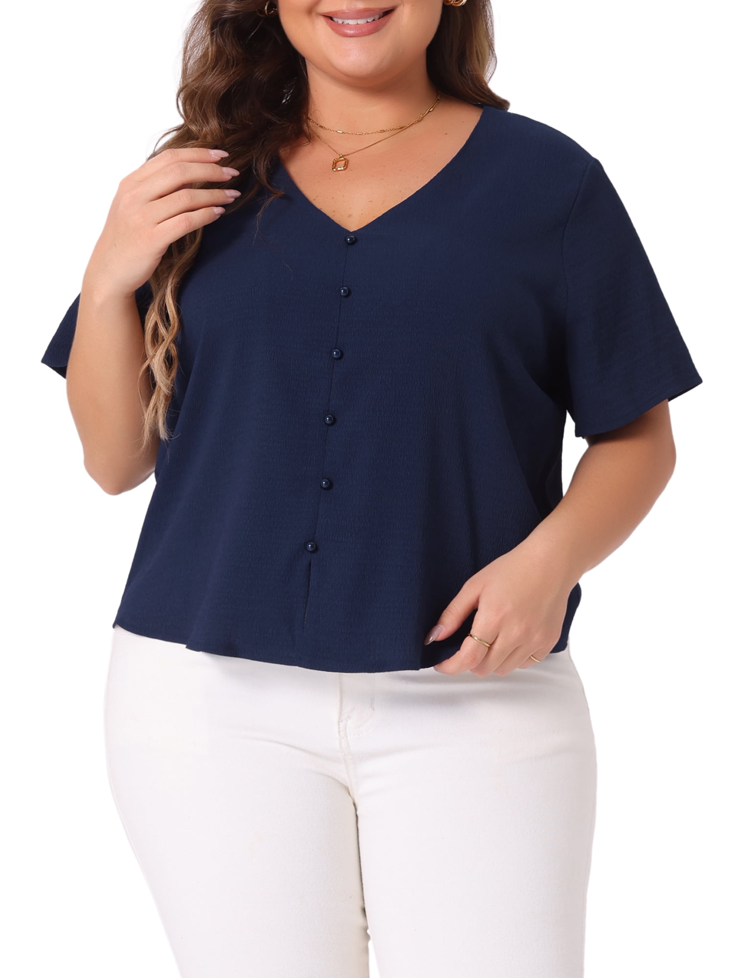 DARING DIVA Women's Plus V Neck Button Casual Blouse 2X Navy Blue