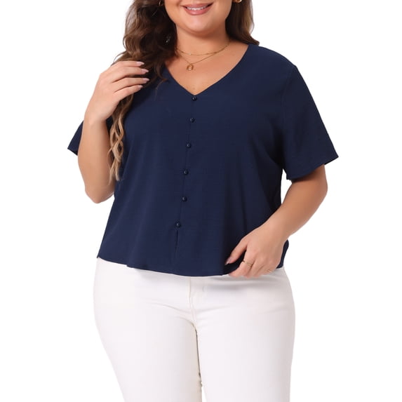 DARING DIVA Women's Plus V Neck Button Casual Blouse 2X Navy Blue