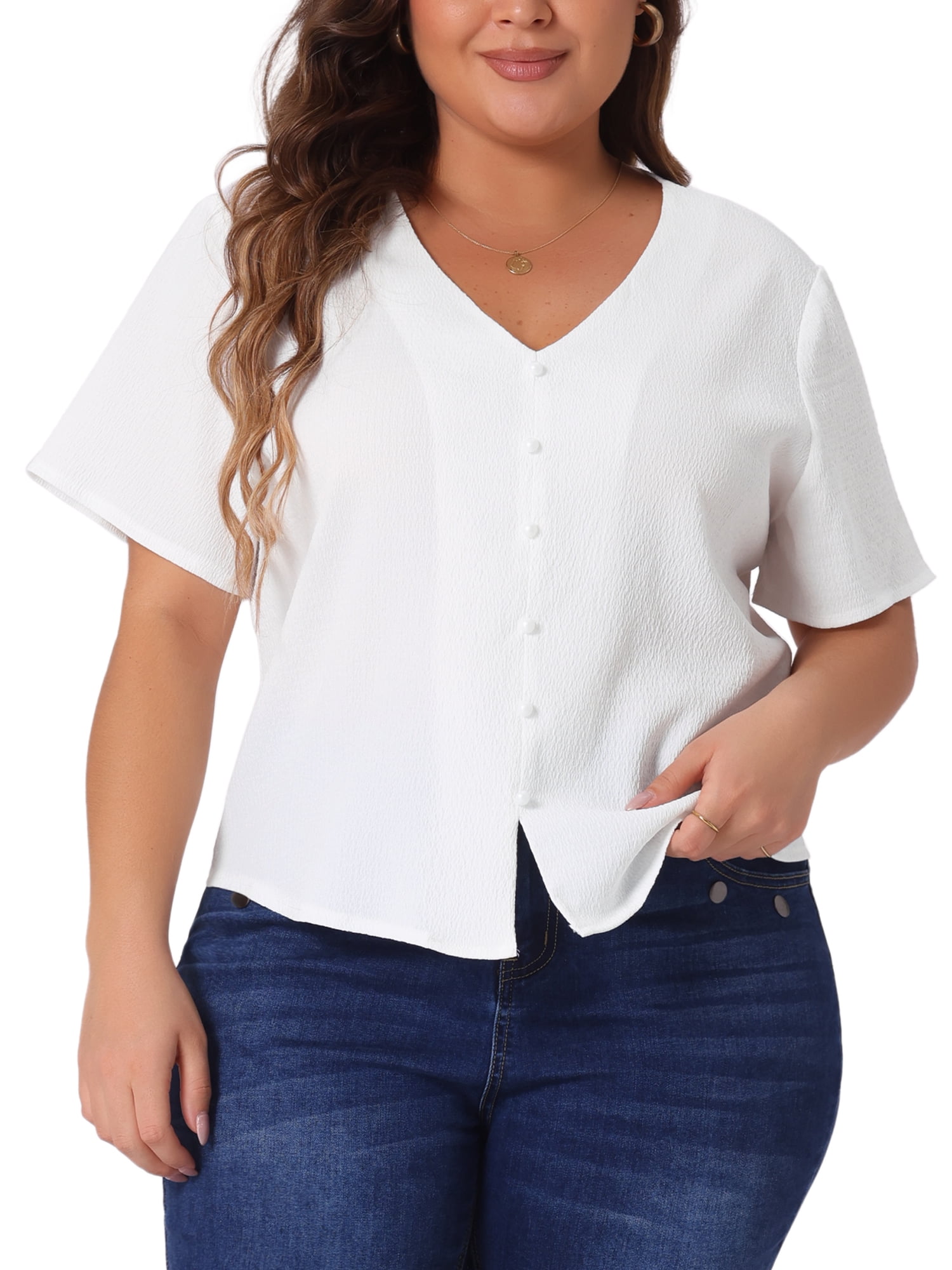 DARING DIVA Women's Plus V Neck Button Casual Blouse 2X White