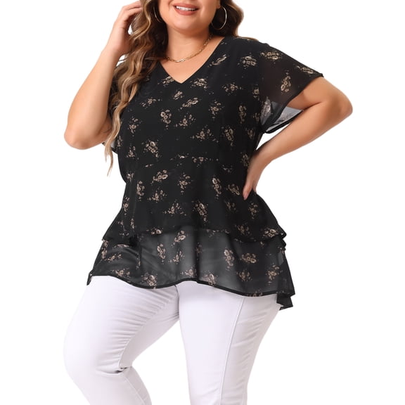 DARING DIVA Women's Plus V Neck Short Sleeve Casual Floral Blouse 2X Dark Black