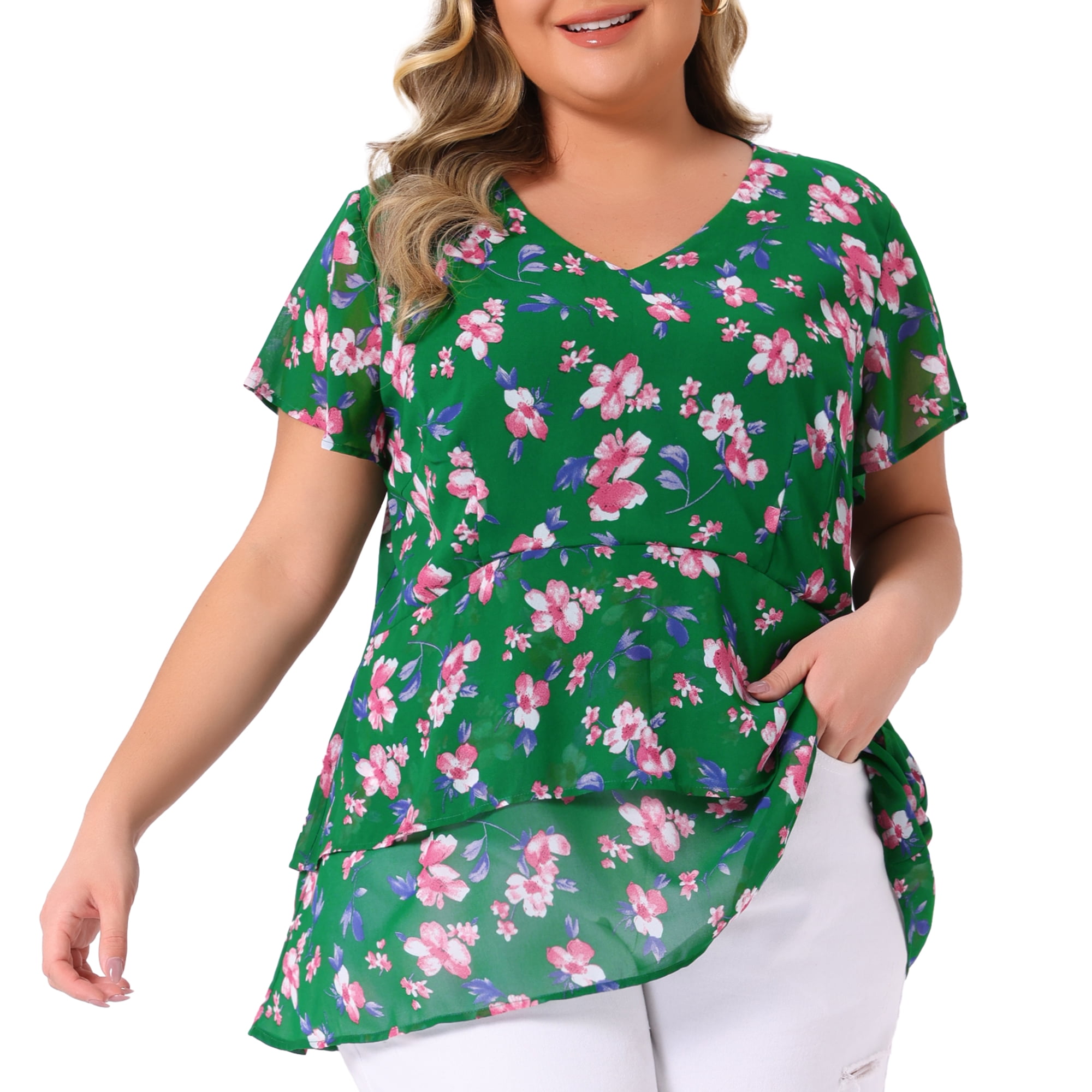 DARING DIVA Women's Plus V Neck Short Sleeve Casual Floral Blouse 2X Green