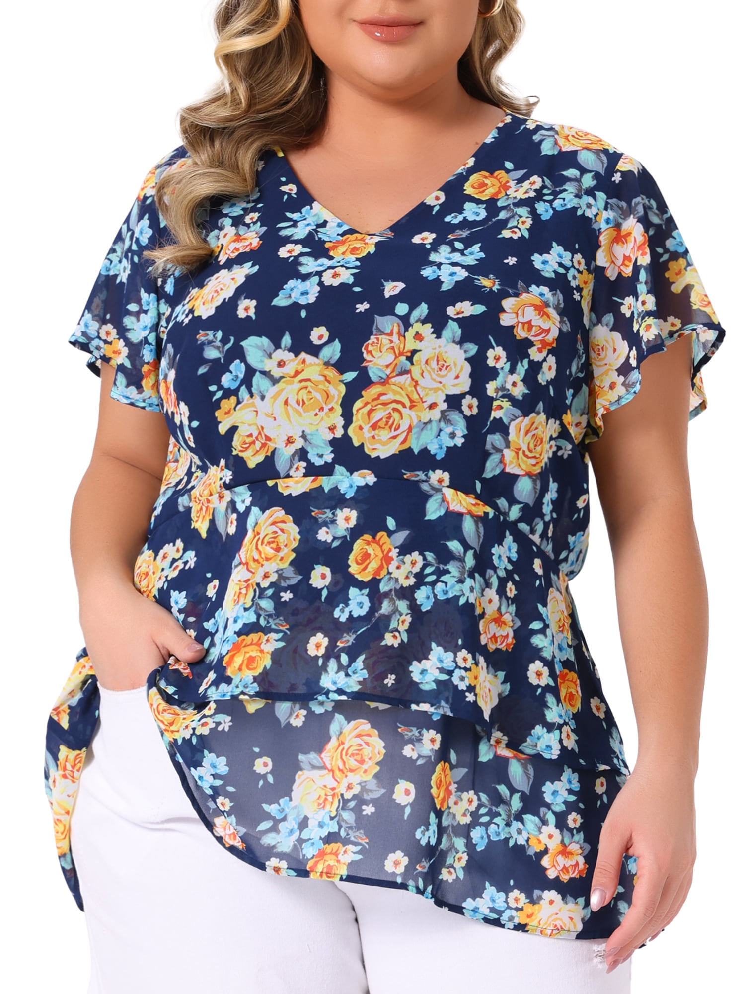 DARING DIVA Women's Plus V Neck Short Sleeve Casual Floral Blouse 3X Dark Blue