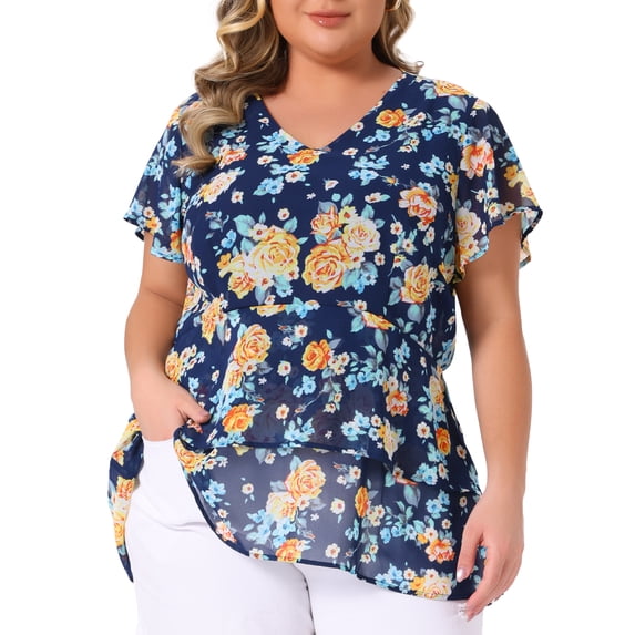 DARING DIVA Women's Plus V Neck Short Sleeve Casual Floral Blouse 3X Dark Blue