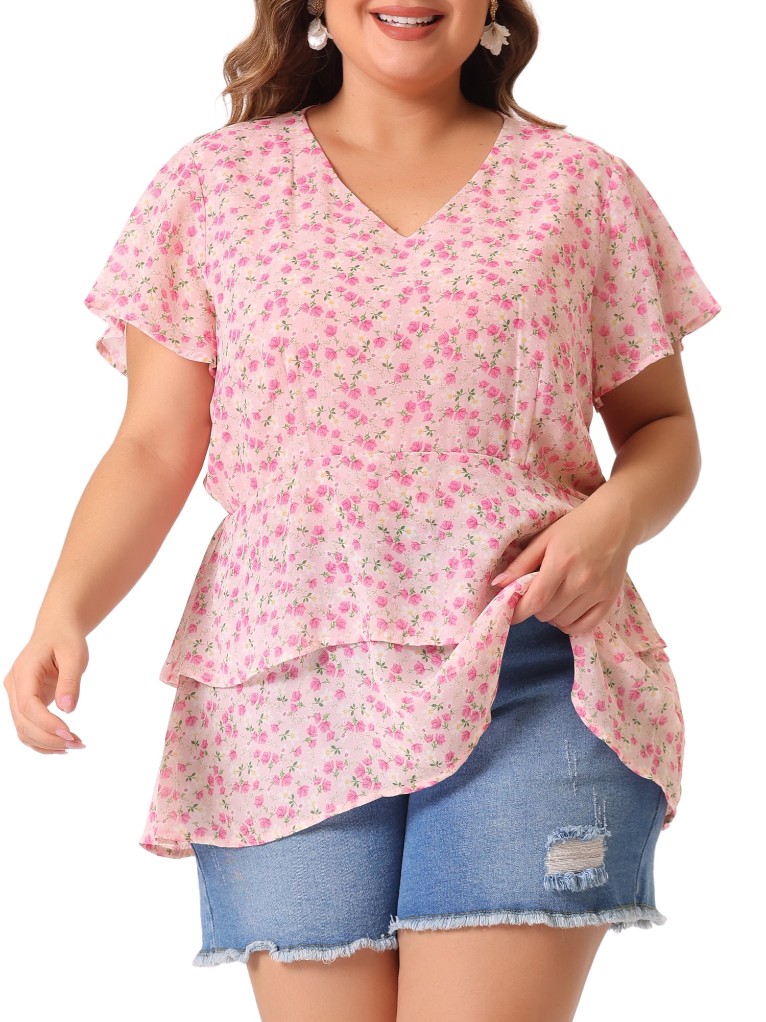 DARING DIVA Women's Plus V Neck Short Sleeve Casual Floral Blouse 3X Pink