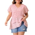 thumbnail image 1 of DARING DIVA Women's Plus V Neck Short Sleeve Casual Floral Blouse 3X Pink, 1 of 6