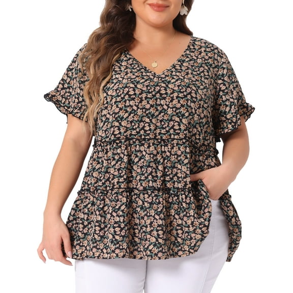 DARING DIVA Women's Plus V Neck Short Sleeve Floral Babydoll Blouse 1X Black Beige