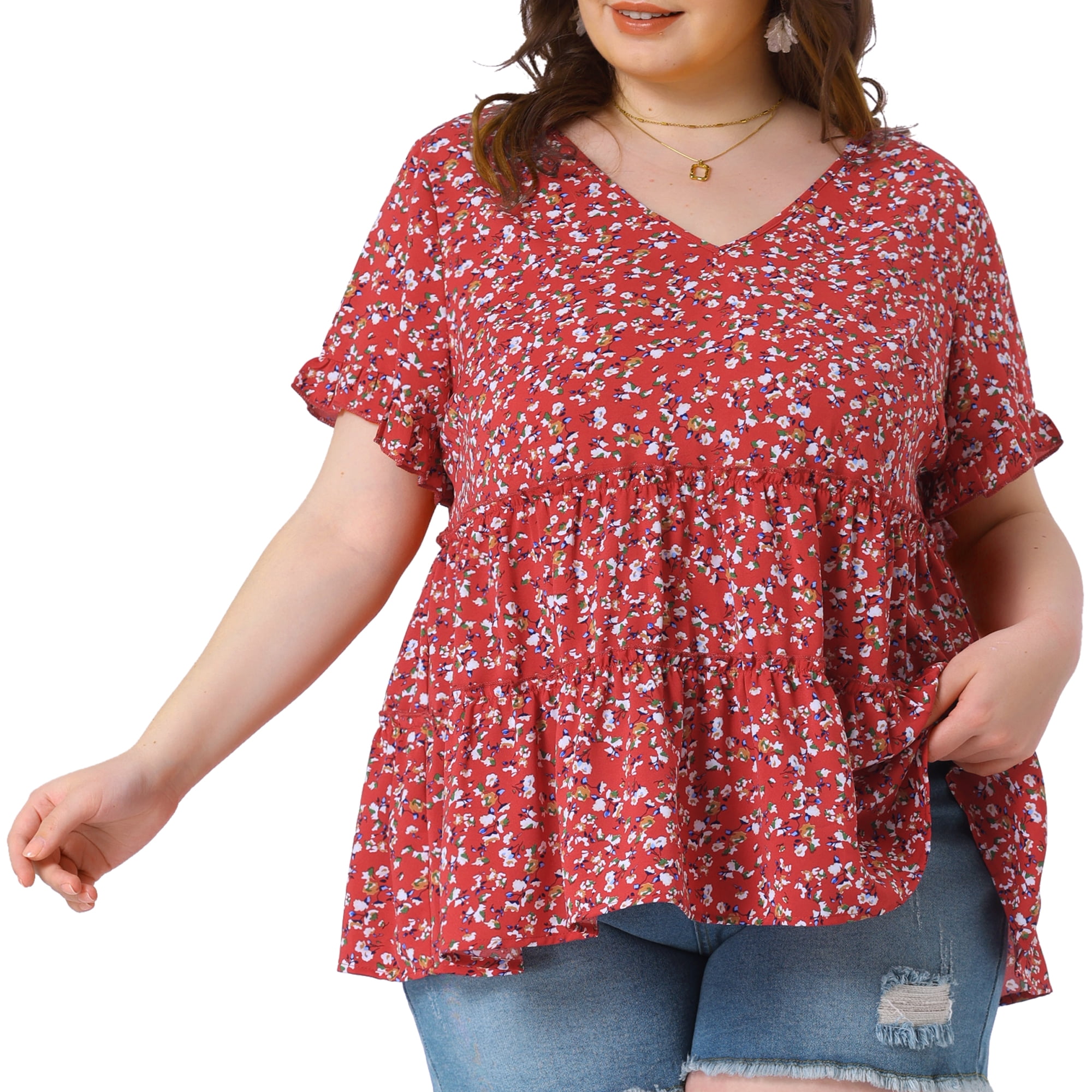 DARING DIVA Women's Plus Size V Neck Short Sleeve Floral Babydoll Blouse 1X Red Green