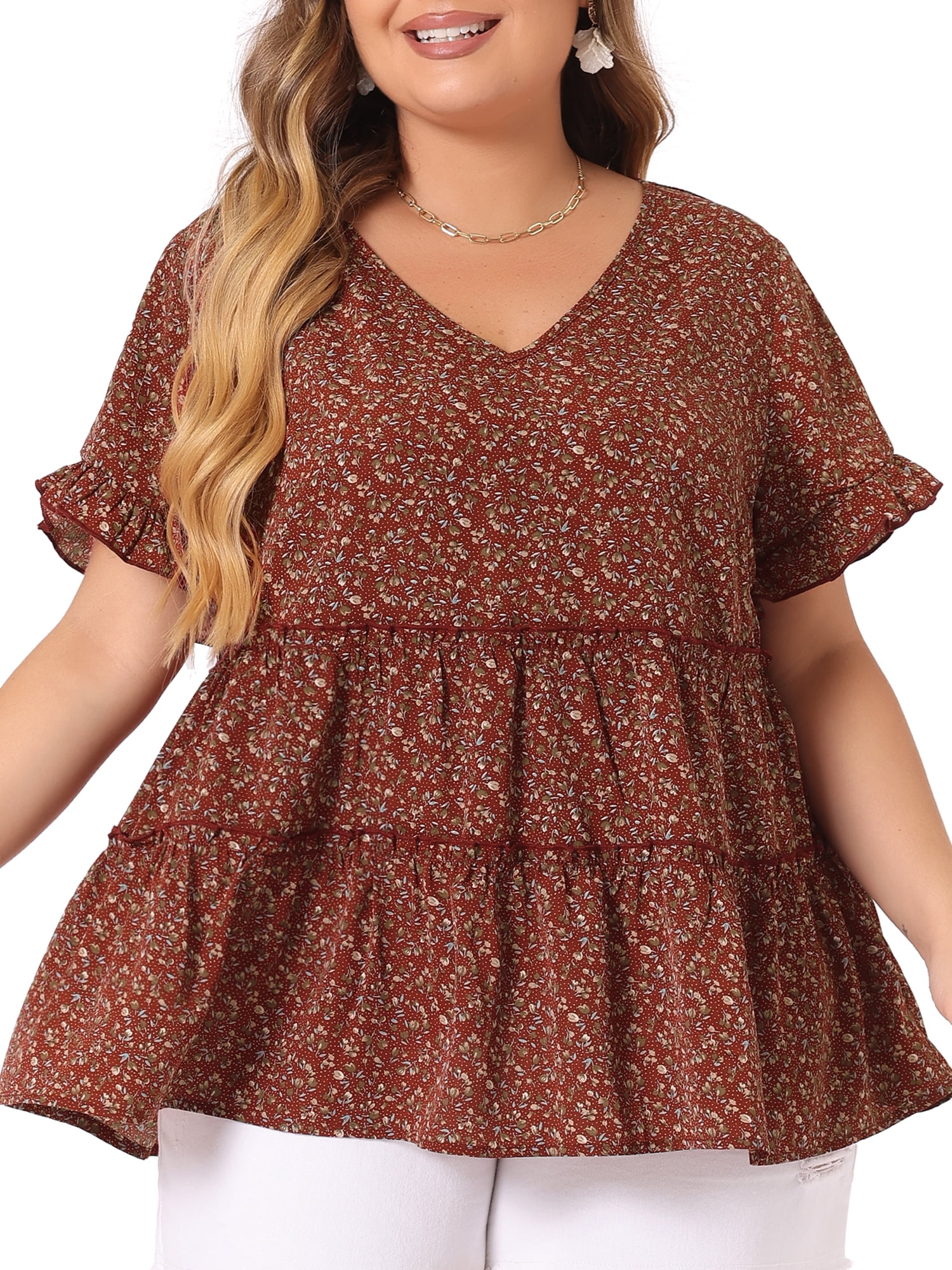DARING DIVA Women's Plus Size V Neck Short Sleeve Floral Babydoll Blouse 3X Red
