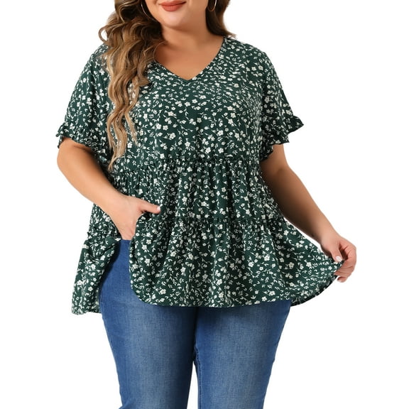DARING DIVA Women's Plus V Neck Short Sleeve Floral Babydoll Blouse 4X Green
