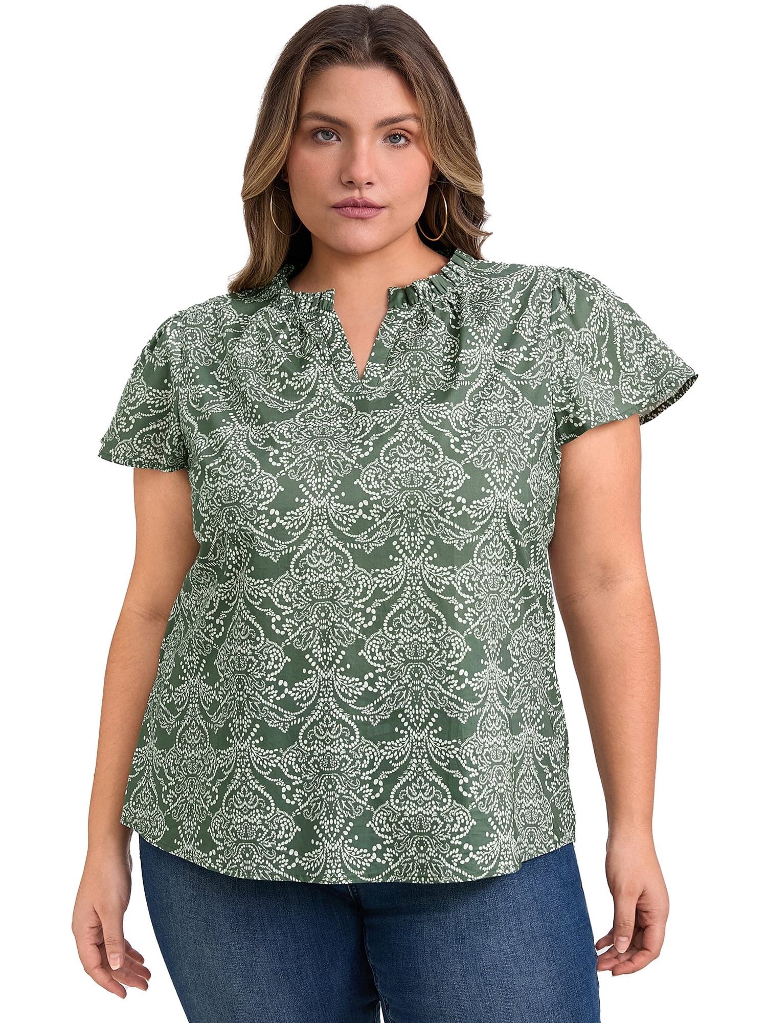 DARING DIVA Women's Plus V Neck Short Sleeve Flowy Casual Blouse 2X Gray Green