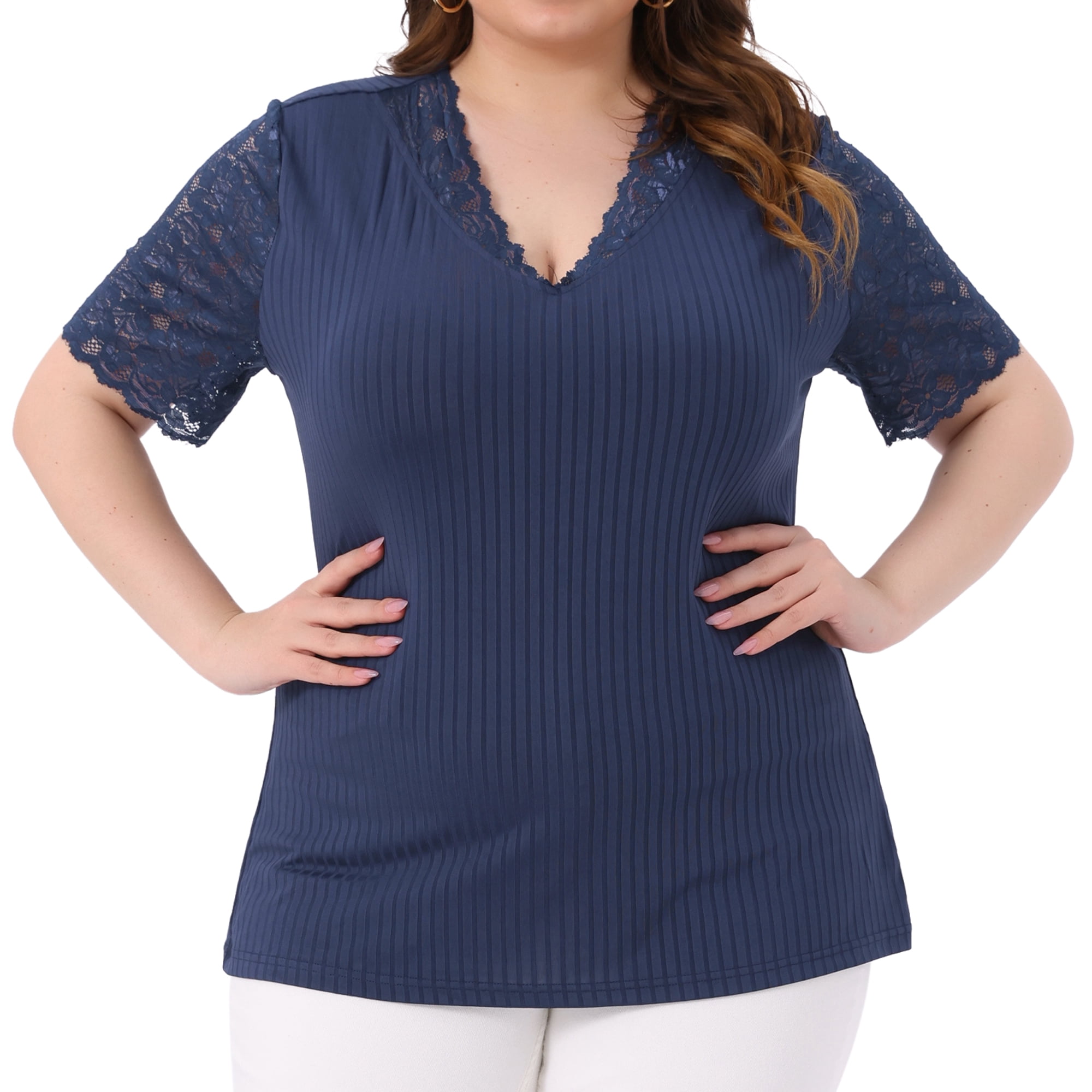 DARING DIVA Women's Plus V Neck Short Sleeve Lace Ribbed Knit Blouse 1X Navy Blue