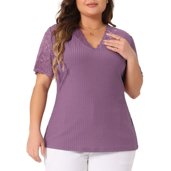 DARING DIVA Women's Plus V Neck Short Sleeve Lace Ribbed Knit Blouse 2X Purple