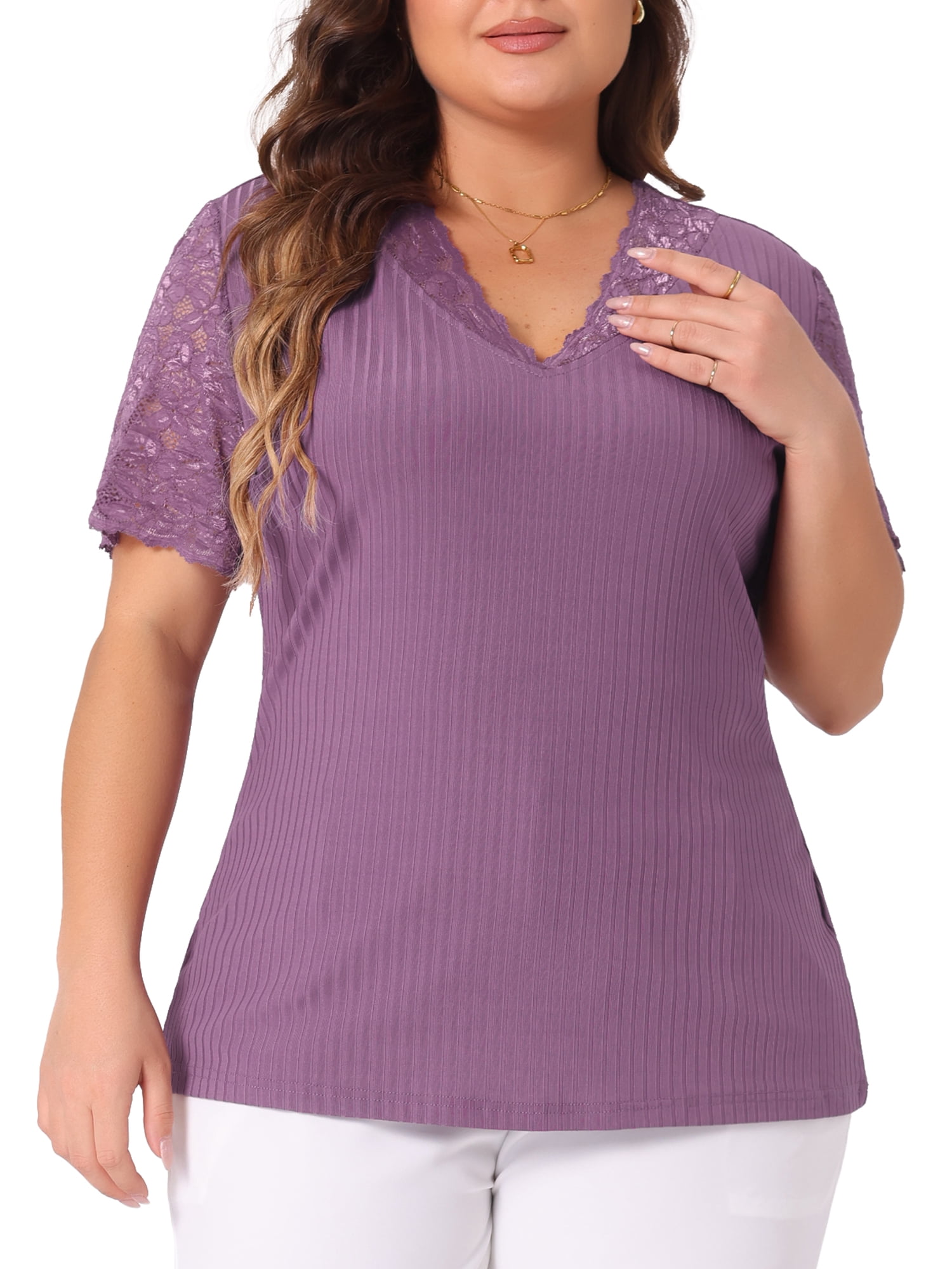 DARING DIVA Women's Plus V Neck Short Sleeve Lace Ribbed Knit Blouse 3X Purple