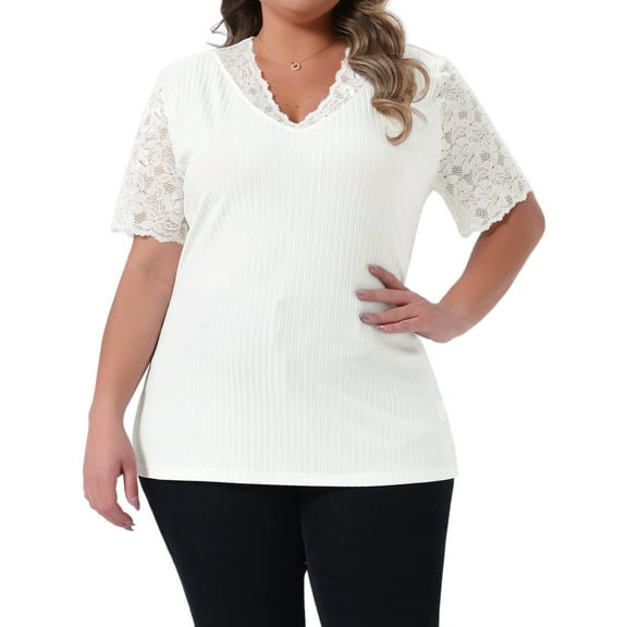 DARING DIVA Women's Plus V Neck Short Sleeve Lace Ribbed Knit Blouse 3X White