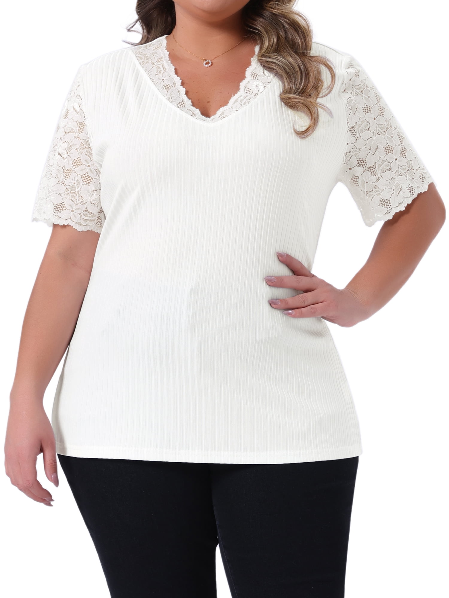 DARING DIVA Women's Plus V Neck Short Sleeve Lace Ribbed Knit Blouse 4X White