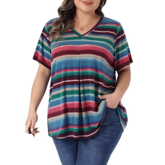 DARING DIVA Women's Plus V Neck Short Sleeve Multi Color Striped Blouse 1X Rainbow