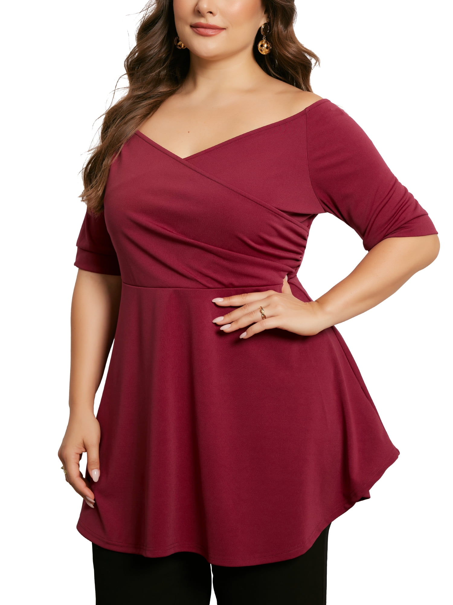 DARING DIVA Women's Plus V Neck Short Sleeve Ruched Peplum Blouse 4X Burgundy