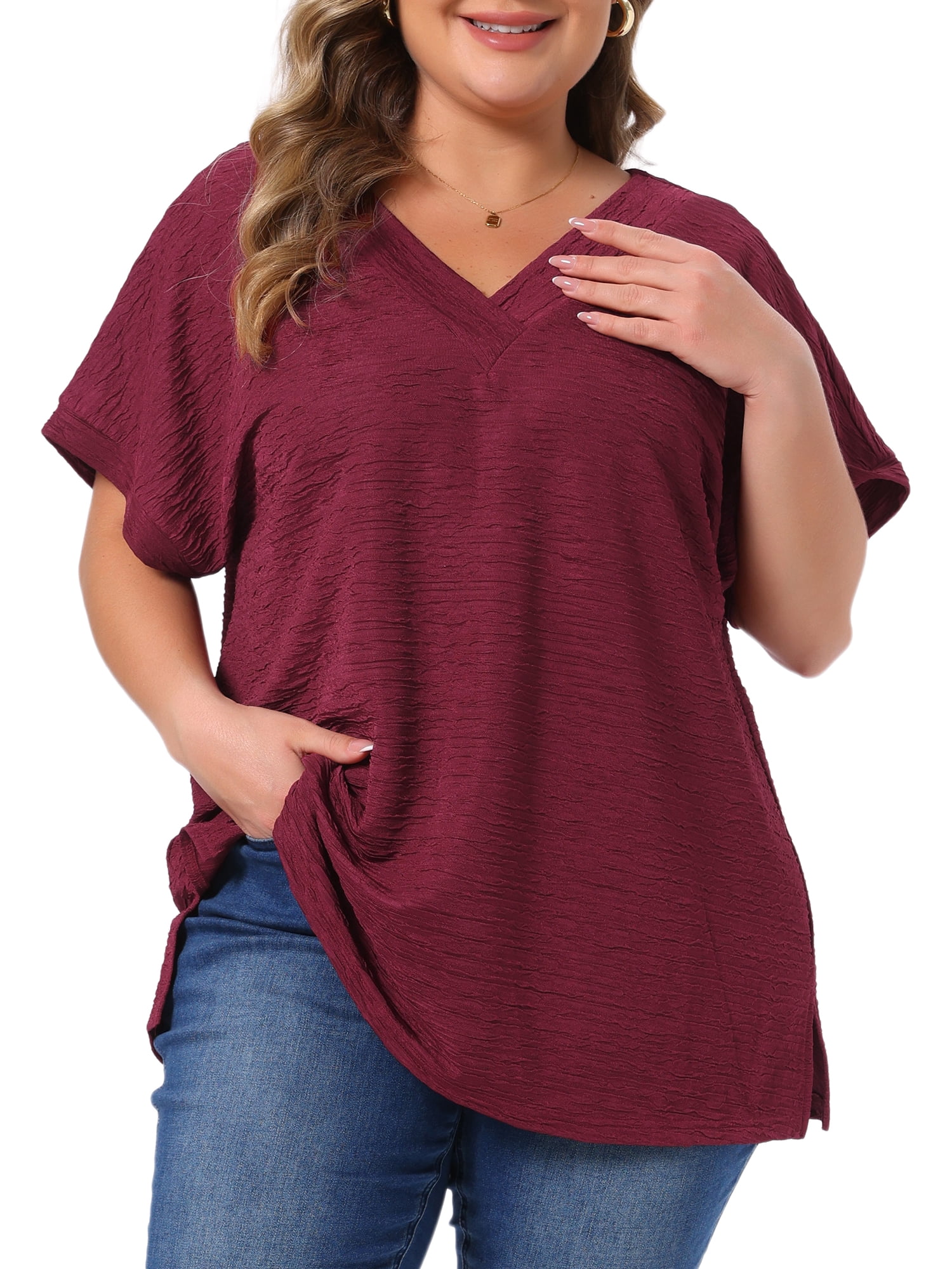 DARING DIVA Women's Plus V Neck Short Sleeve Textured Tops 1X Burgundy