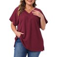 thumbnail image 1 of DARING DIVA Women's Plus V Neck Short Sleeve Textured Tops 1X Burgundy, 1 of 5