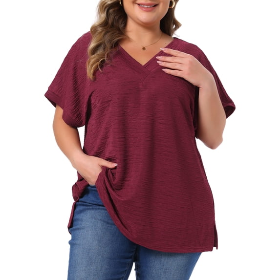 DARING DIVA Women's Plus V Neck Short Sleeve Textured Tops 1X Burgundy