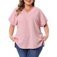 thumbnail image 1 of DARING DIVA Women's Plus V Neck Short Sleeve Textured Tops 1X Pink, 1 of 5