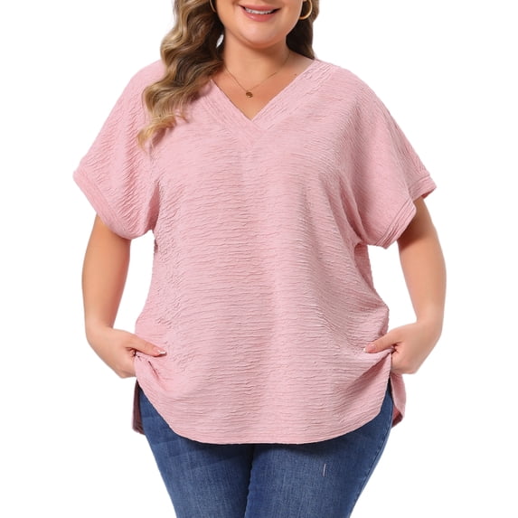 DARING DIVA Women's Plus V Neck Short Sleeve Textured Tops 1X Pink