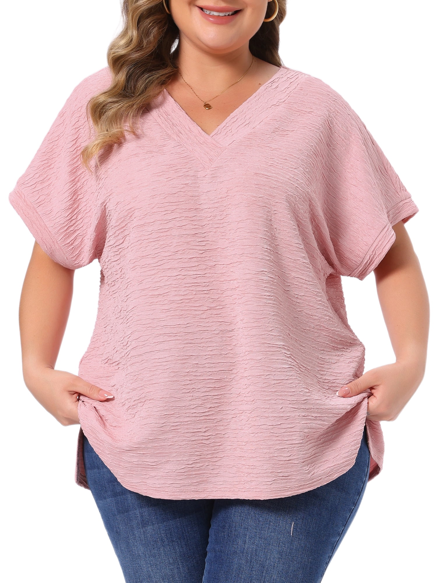 DARING DIVA Women's Plus V Neck Short Sleeve Textured Tops 4X Pink