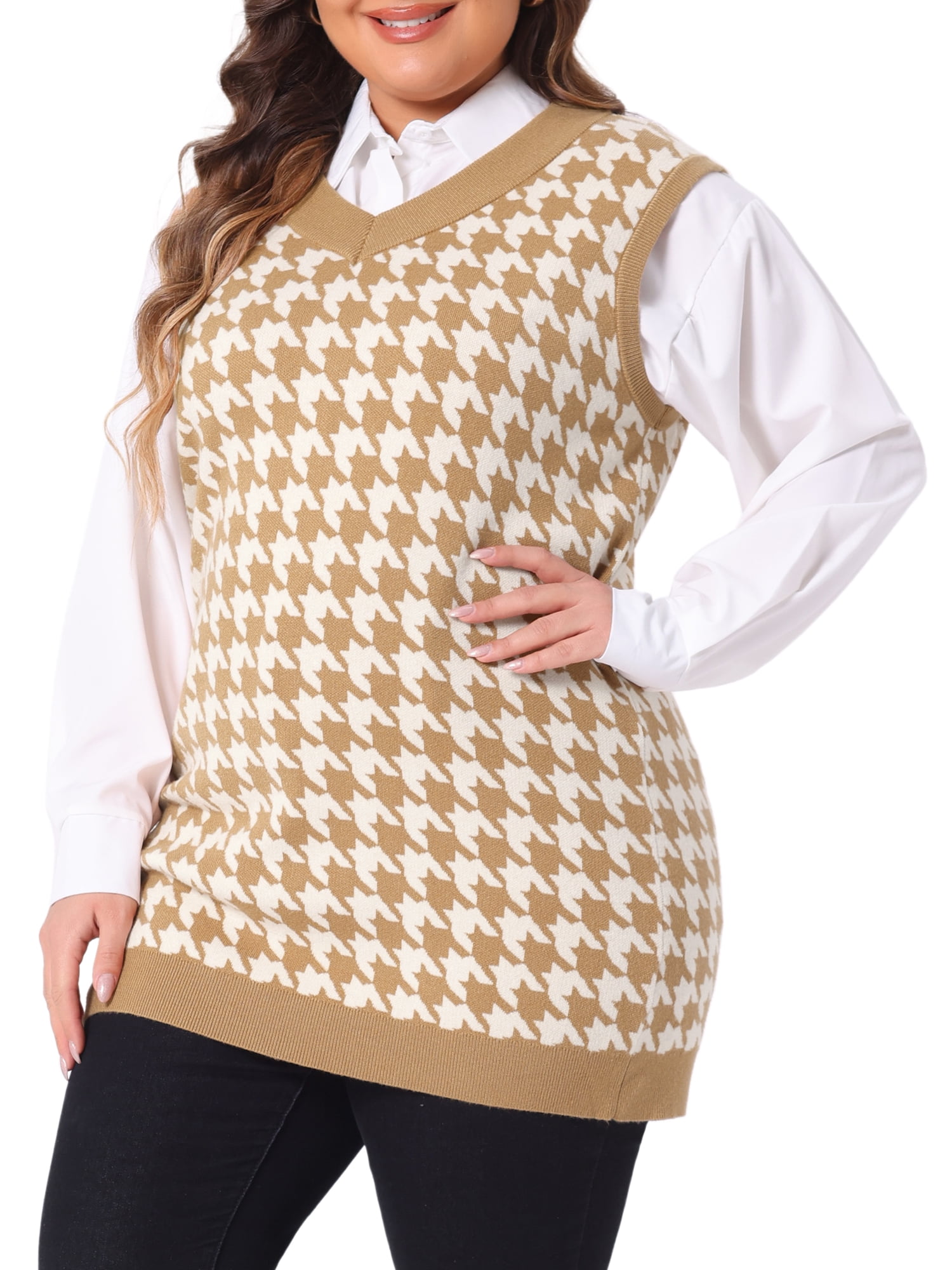 DARING DIVA Women's Plus V Neck Sleeveless Knit Oversized Sweater Vests 2X Brown