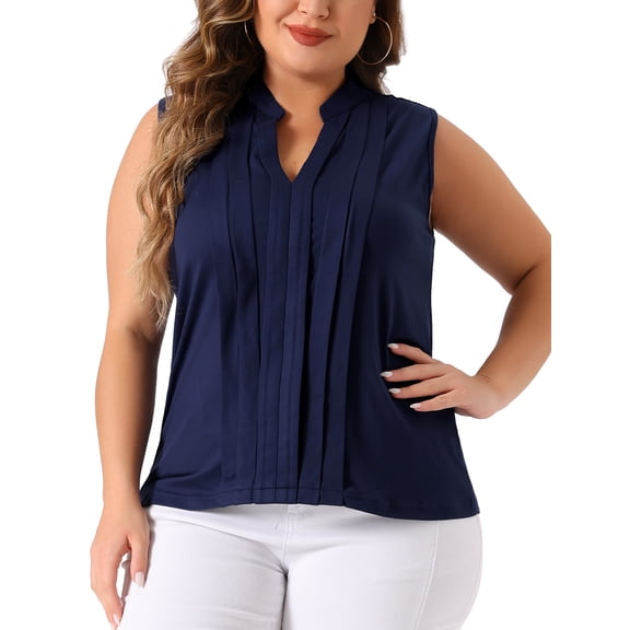DARING DIVA Women's Plus V Neck Sleeveless Pleated Blouse 4X Navy Blue