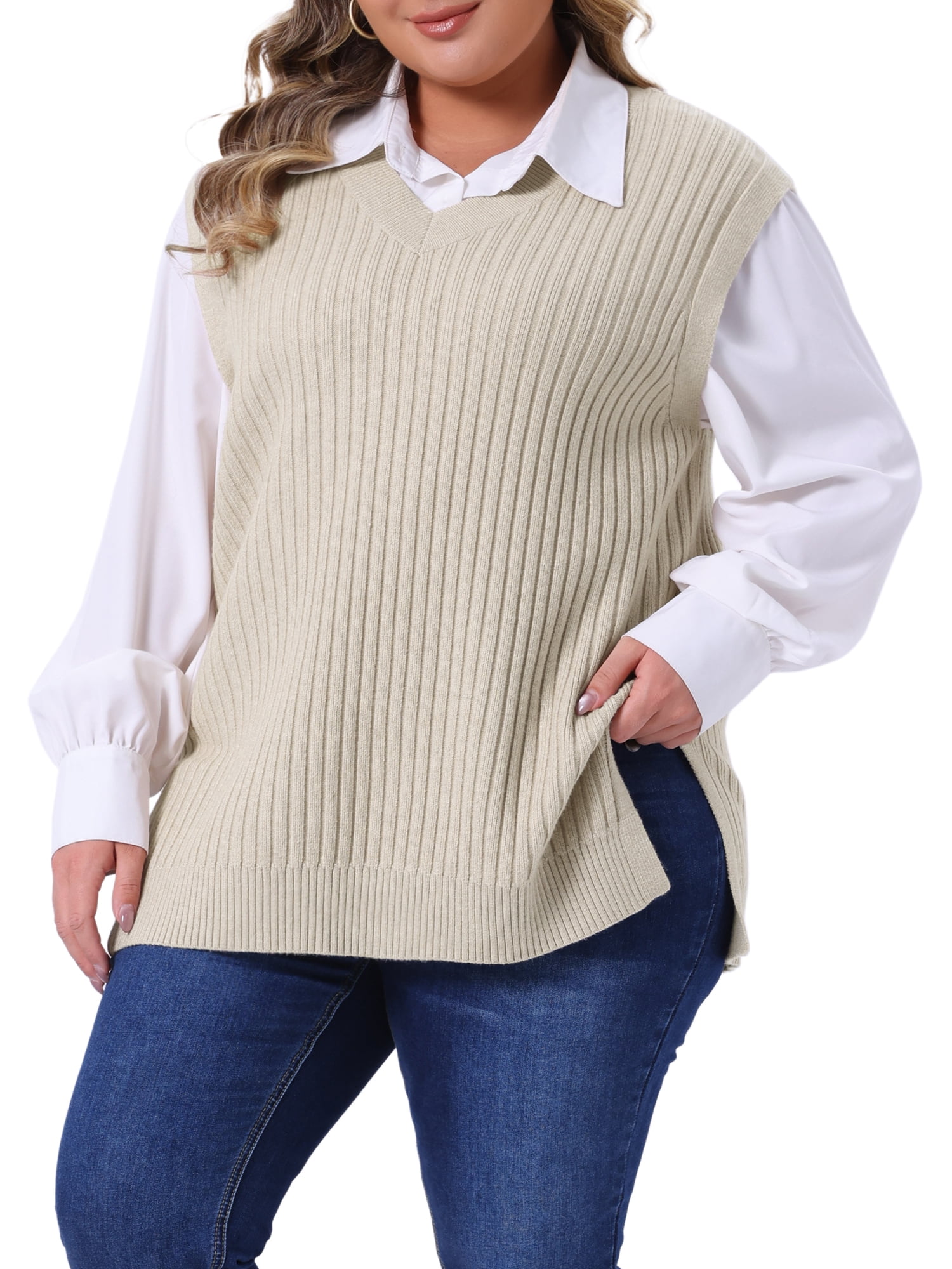 DARING DIVA Women's Plus V Neck Sleeveless Pullover Knit Split Hem Sweater Vest 4X Beige