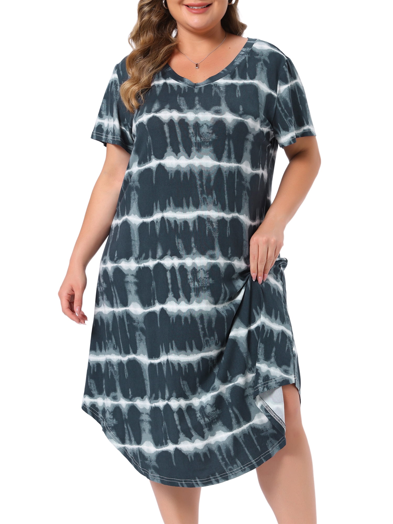 DARING DIVA Women's Plus V Neck Soft Tie Dye Short Sleeve Nightgown 1X Gray Black