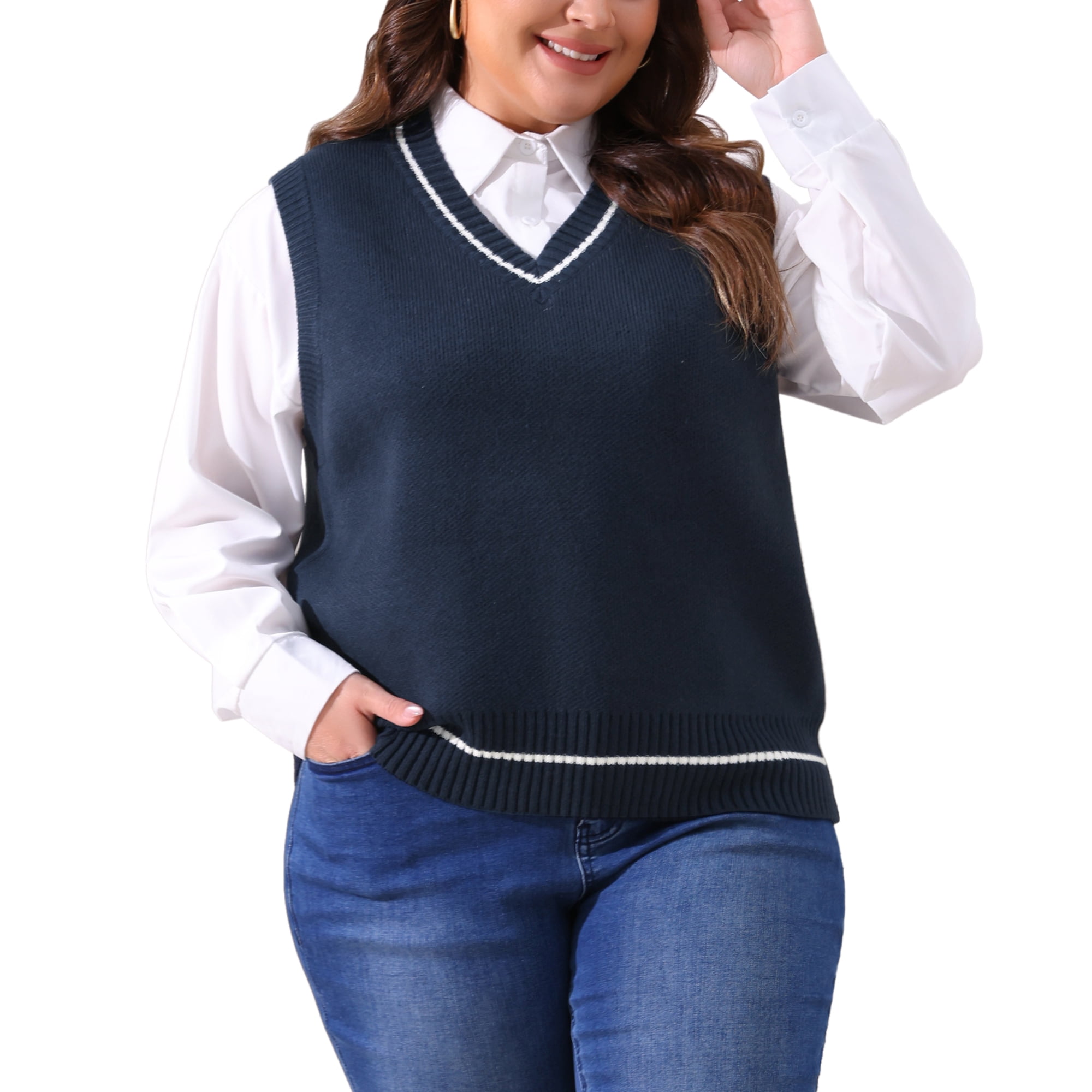 DARING DIVA Women's Plus V Neck Stripe Cable Knit Pullover Sweater Vest 1X Navy Blue