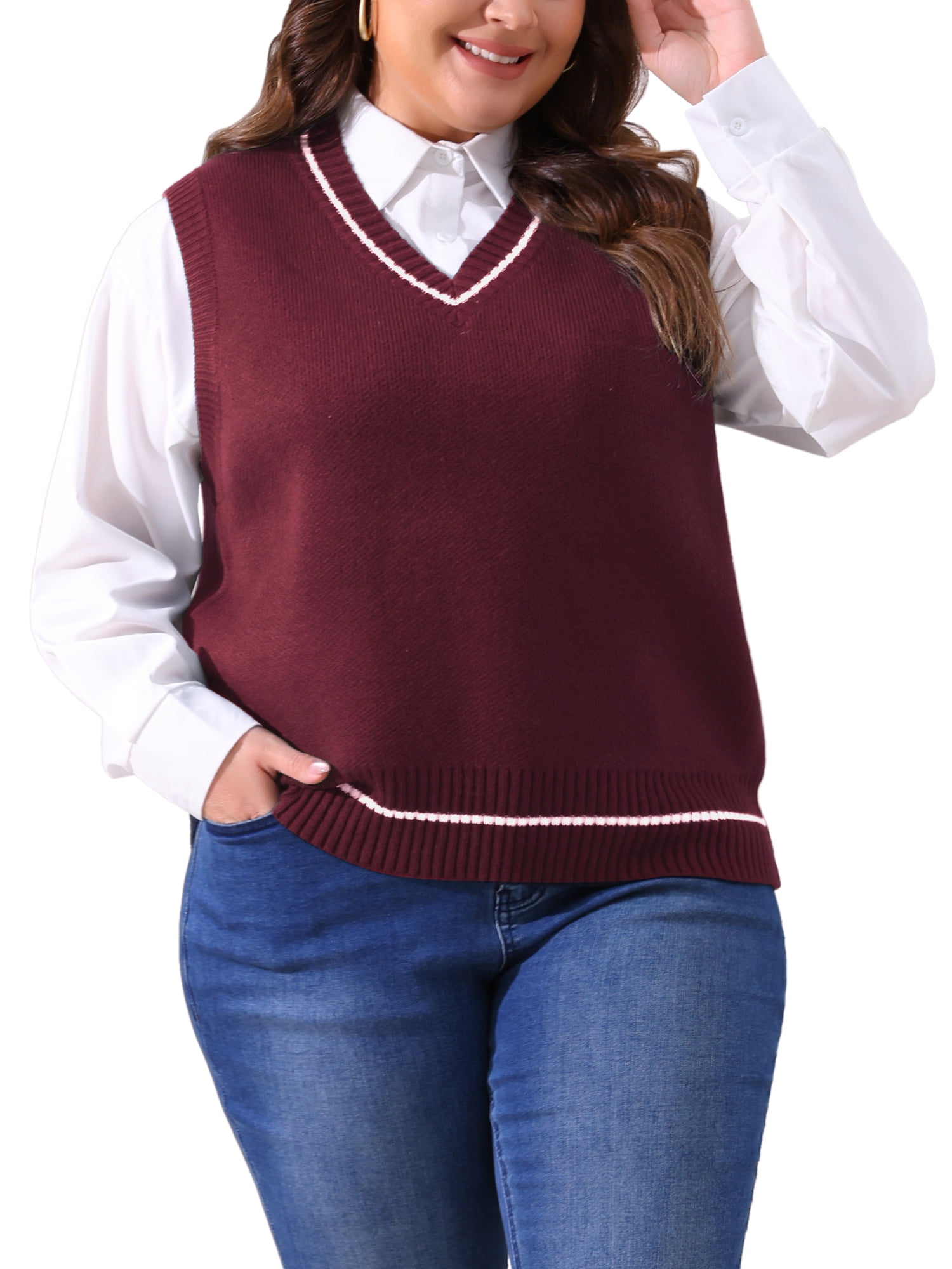 DARING DIVA Women's Plus V Neck Stripe Cable Knit Pullover Sweater Vest 4X Burgundy