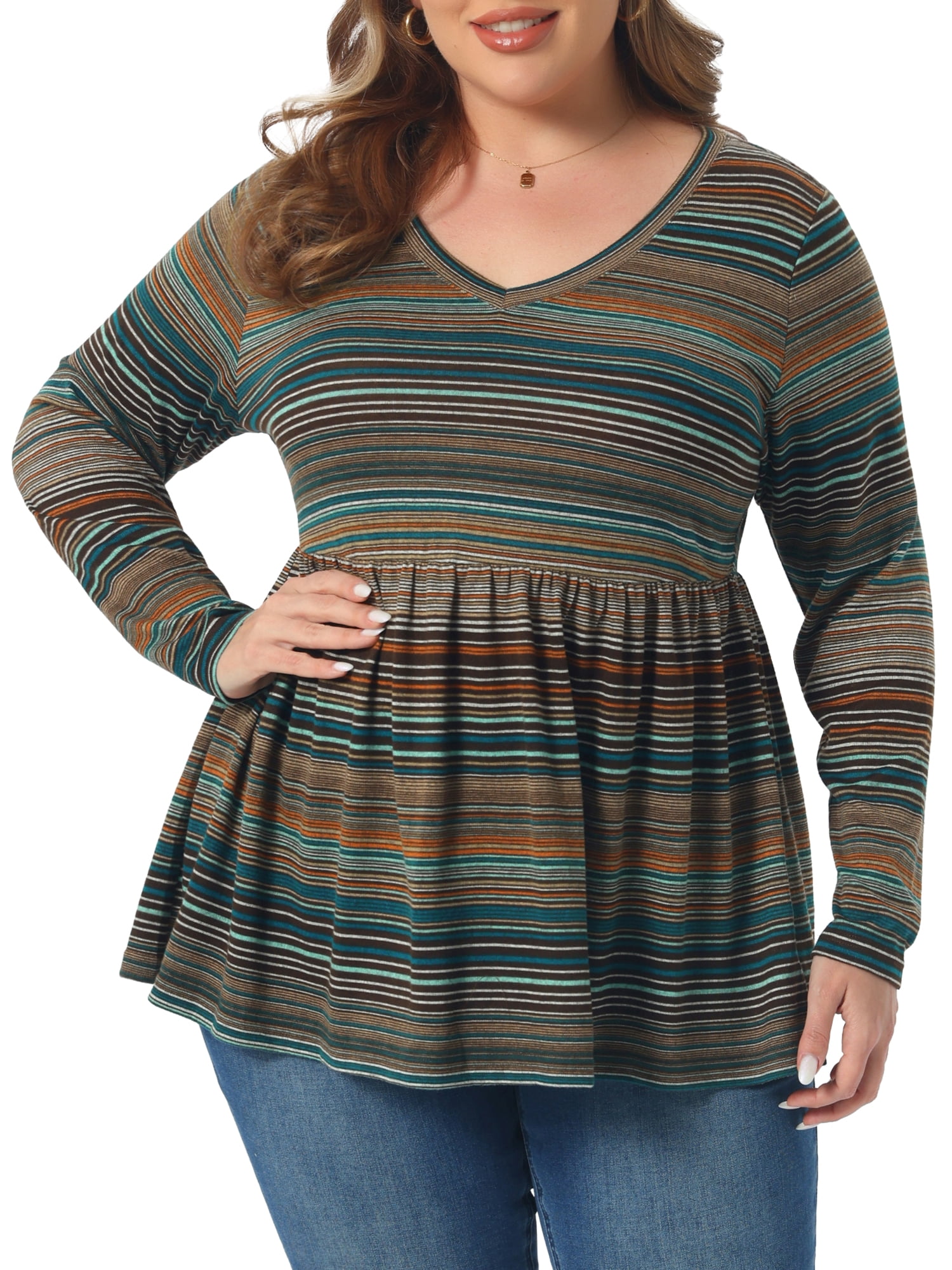 DARING DIVA Women's Plus V Neck Stripe Peplum Knit Blouse 2X Orang Brown