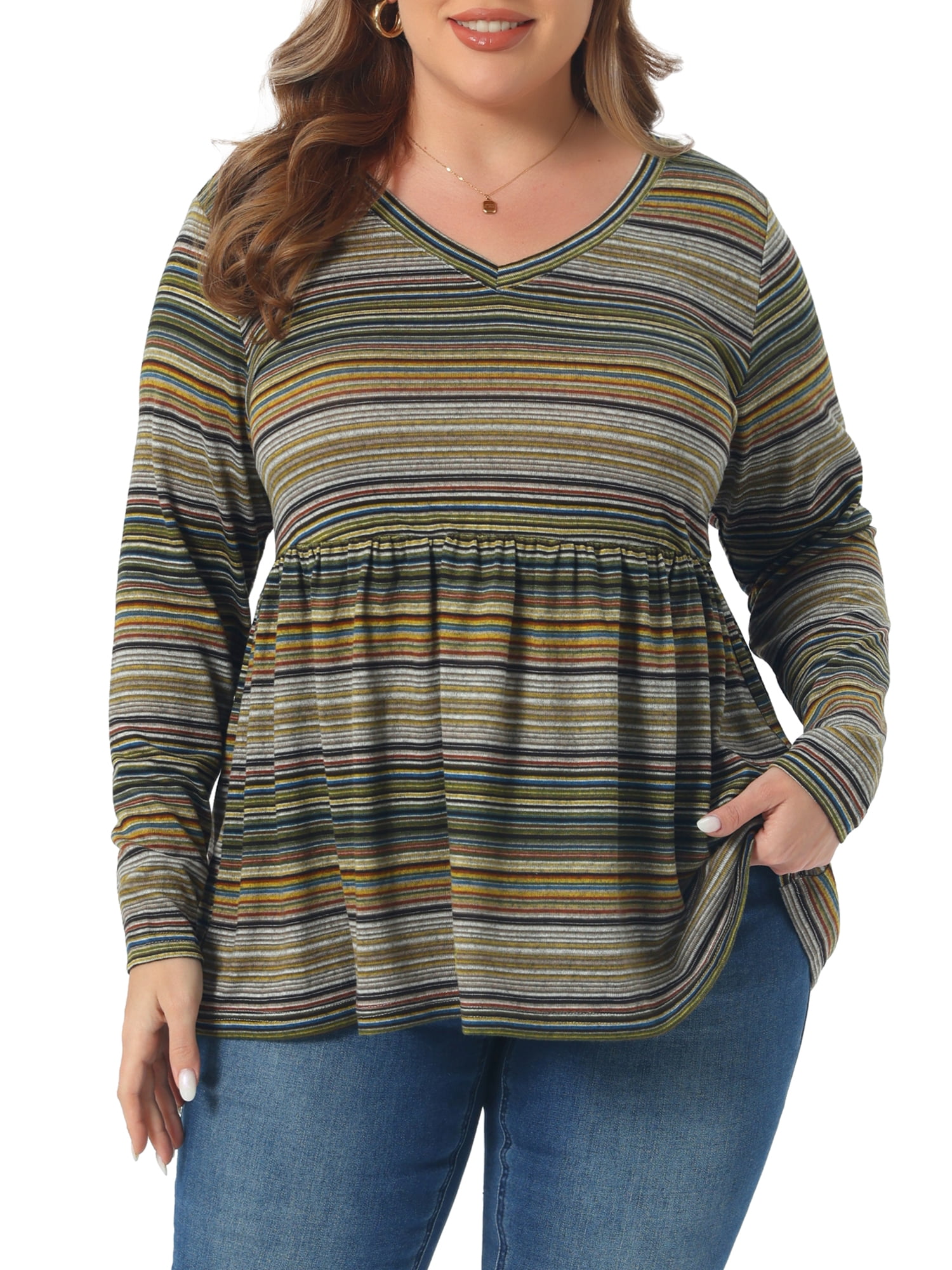 DARING DIVA Women's Plus V Neck Stripe Peplum Knit Blouse 4X Green