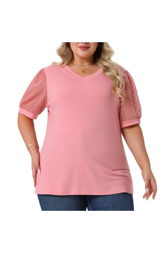 Women's Plus Tops V Neck Swiss Dots Puff Sleeve Casual Blouse Shirt 1X Pink