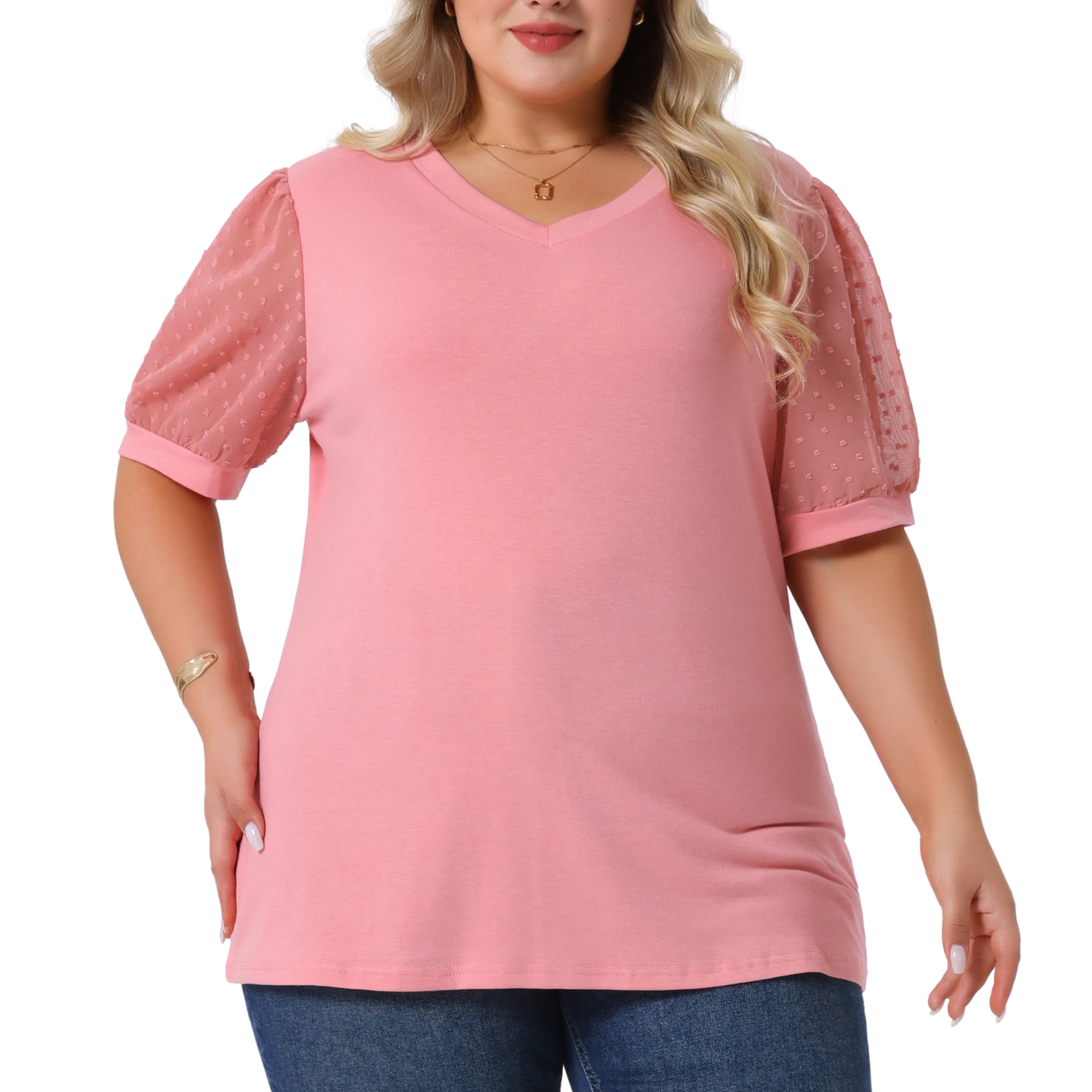 Women's Plus Tops V Neck Swiss Dots Puff Sleeve Casual Blouse Shirt 2X Pink