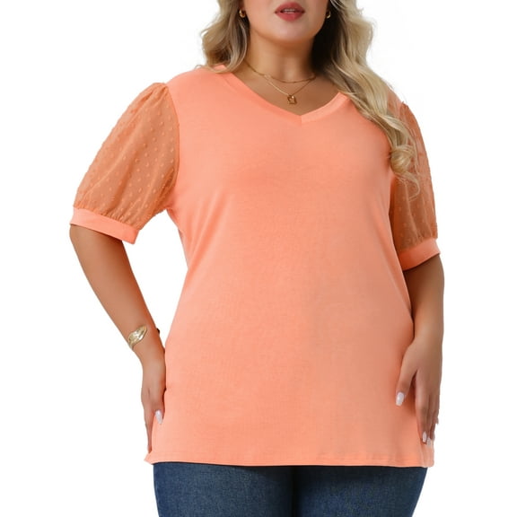 DARING DIVA Women's Plus V Neck Swiss Dots Puff Sleeve Casual Blouse 3X Orange