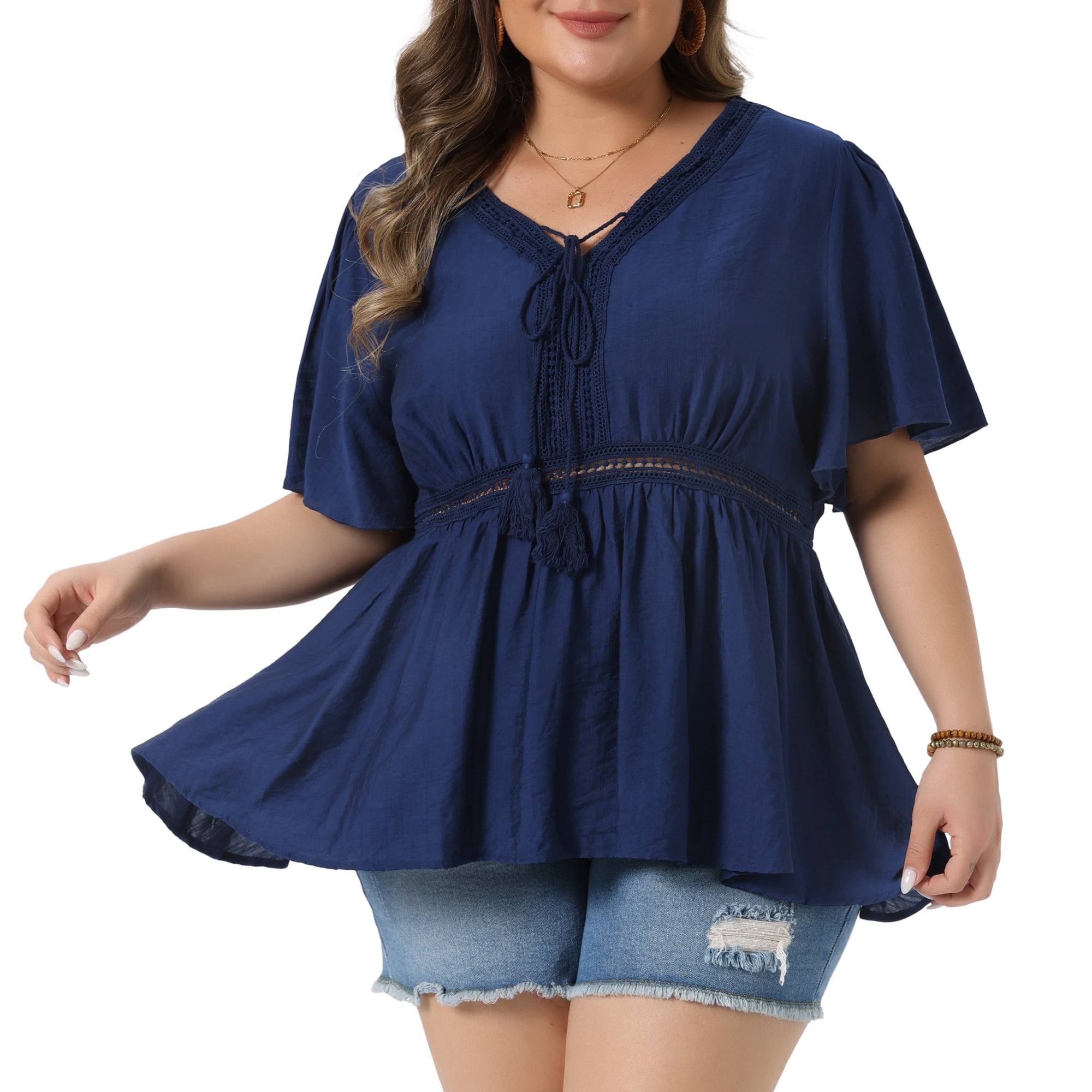 DARING DIVA Women's Plus V Neck Tie Peplum Blouse 3X Navy Blue