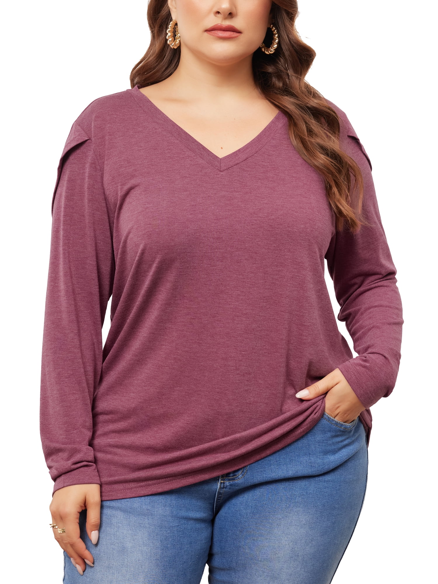 DARING DIVA Women's Plus V Neck Tulip Long Sleeve T-Shirt Casual Blouses 2X Purple Red