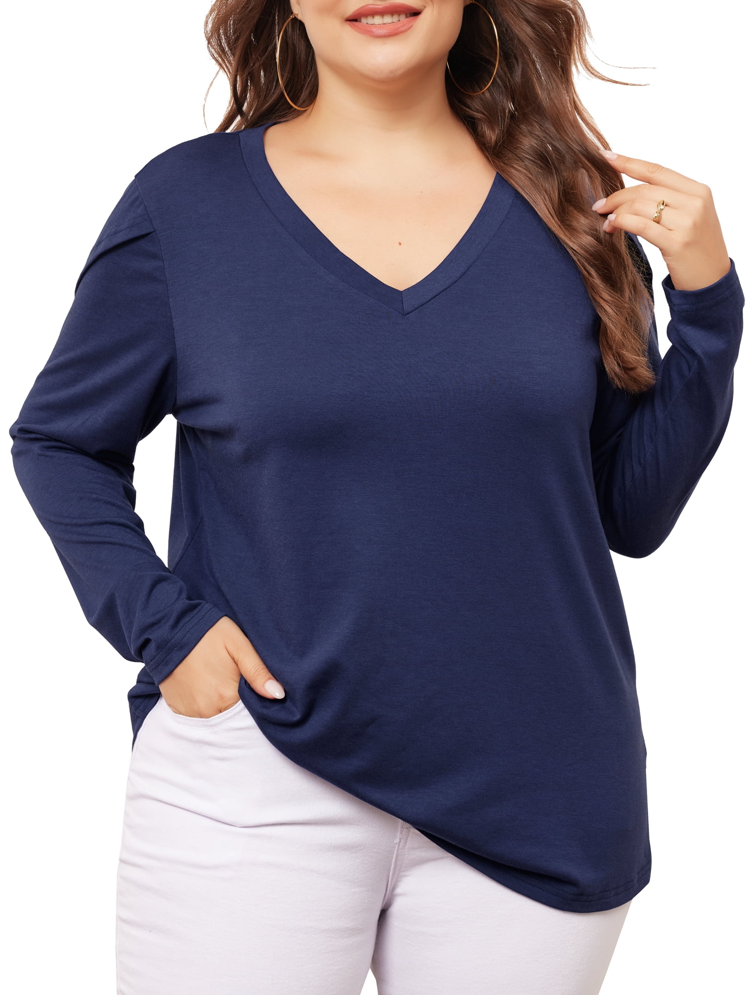 DARING DIVA Women's Plus V Neck Tulip Long Sleeve T-Shirt Casual Blouses 3X Navy Blue