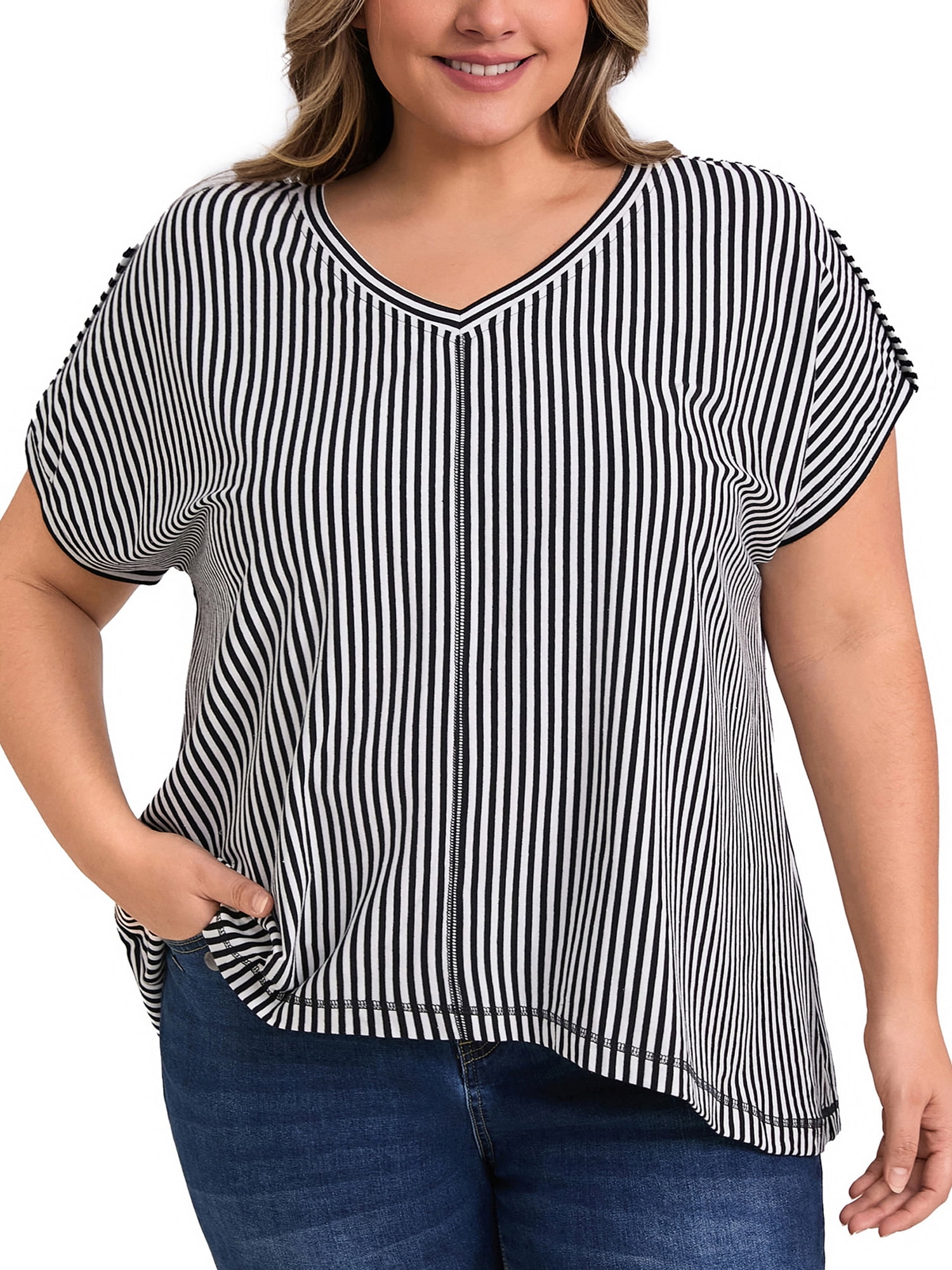 DARING DIVA Women's Plus V Neck Vertical Stripe Drop Shoulder Blouse 1X Black