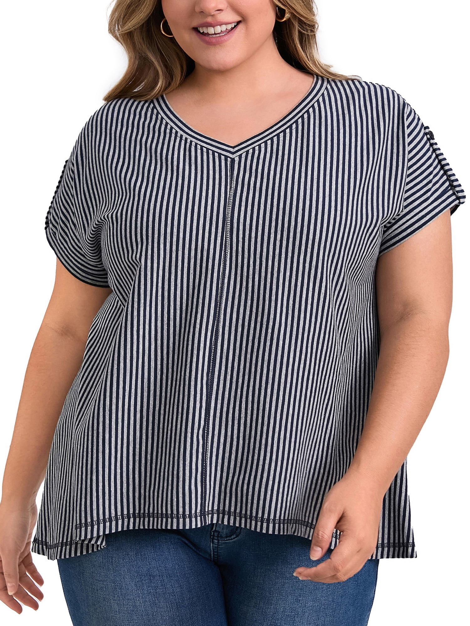DARING DIVA Women's Plus V Neck Vertical Stripe Drop Shoulder Blouse 2X Blue Gray