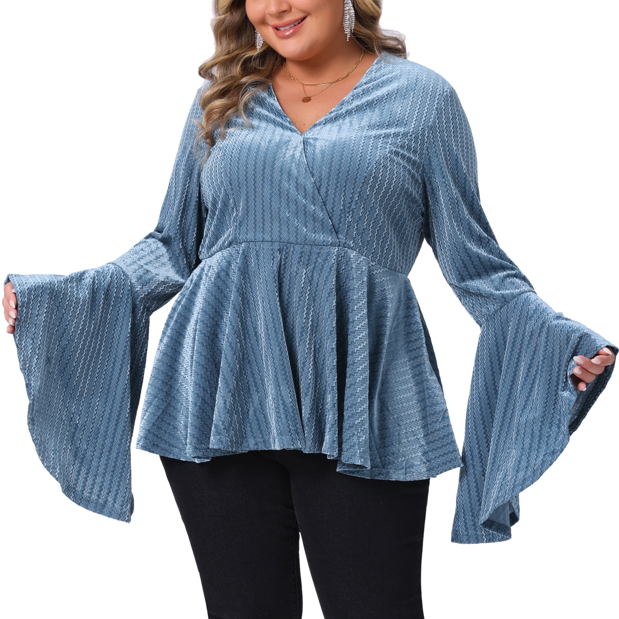 DARING DIVA Women's Plus Velvet  Faux Wrap V Neck Bell Blouse 1X Blue