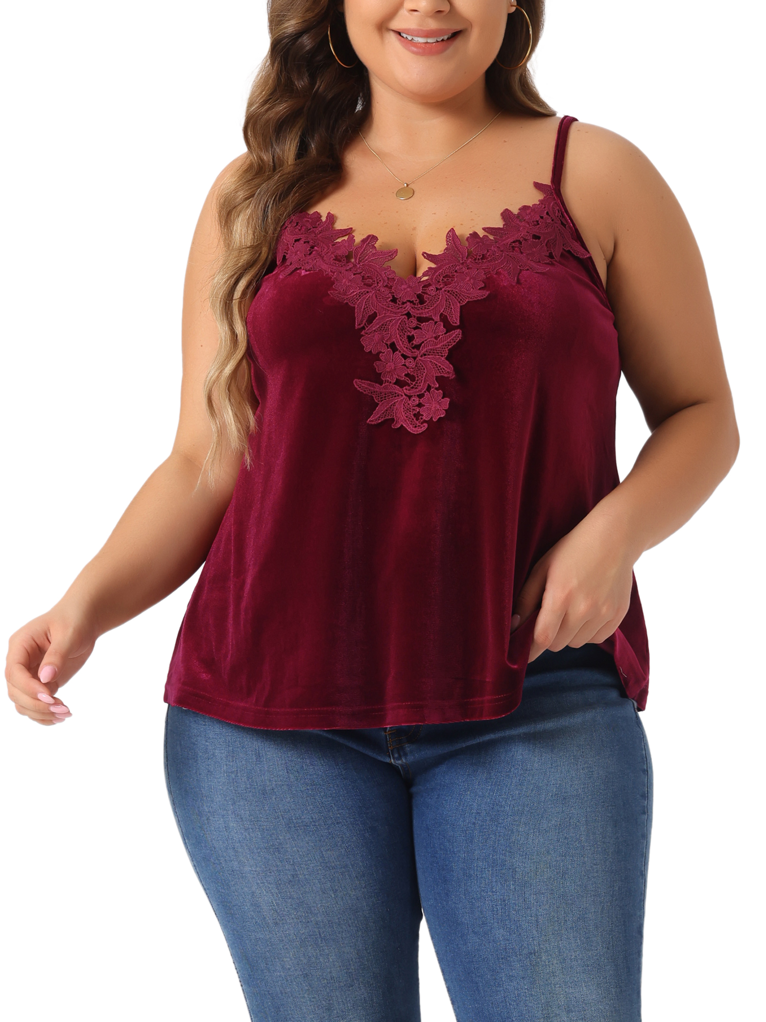 DARING DIVA Women's Plus Velvet Tank Tops V Neck Lace Floral Panel Cami 3X Burgundy